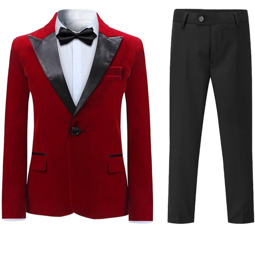 Kids Red Velvet Blazer…velvet tie and black slacks.